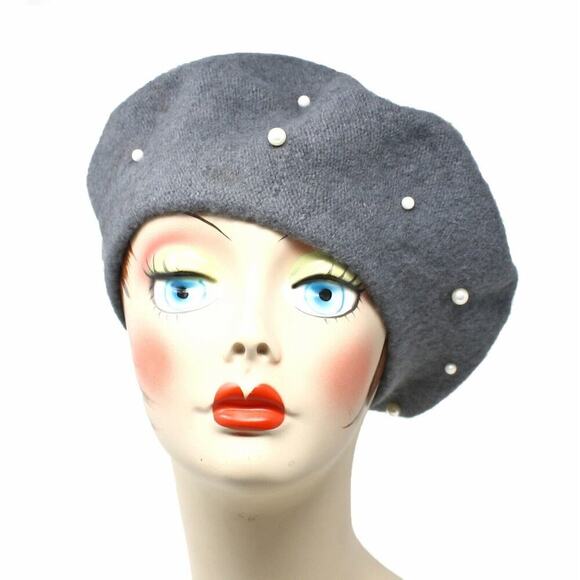 Grey Beret w Pearls Wool Blend Vintage Inspired Classic Style Hat - Hey Viv - Picture 2 of 4